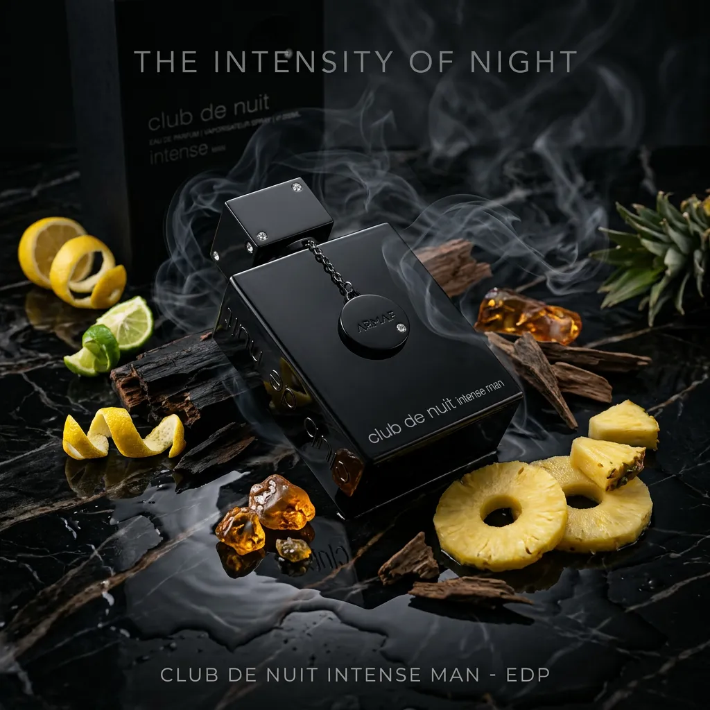 Firefly_High-end poster image for Armaf Club De Nuit Intense Man EDP perfume bottle lying dia 173122.webp