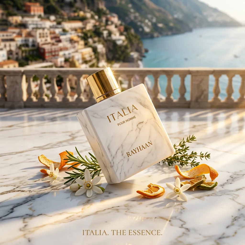 Firefly_Gemini Flash_High-end poster image of Rayhaan Italia perfume bottle lying diagonally on luxurious 962975.webp