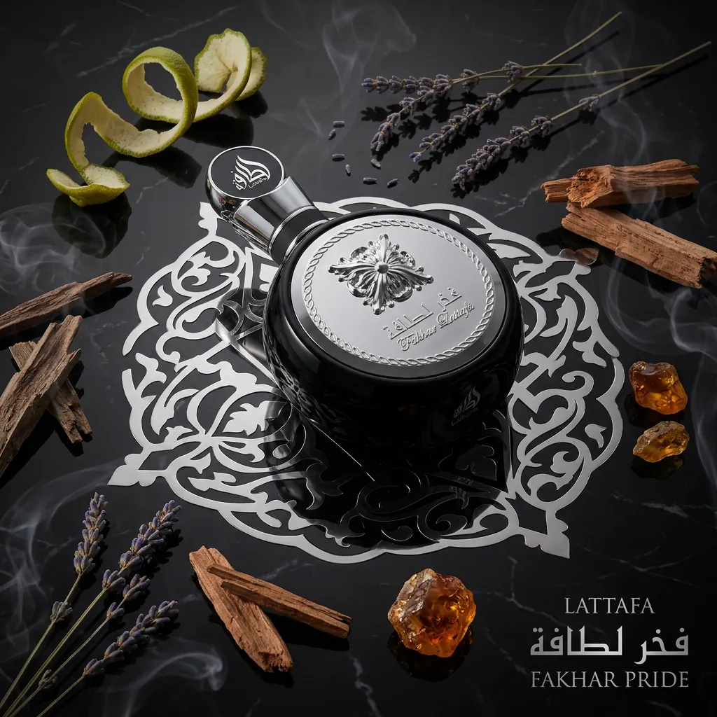 Firefly_Gemini Flash_High-end poster image of Lattafa Fakhar Pride perfume bottle lying diagonally on refl 962975.webp